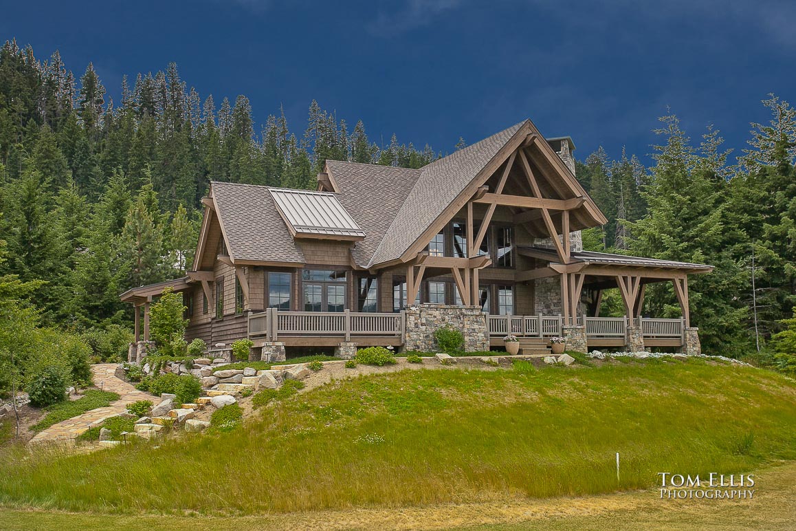 Exterior photo, cabin at Tumble Creek, bkue sky added